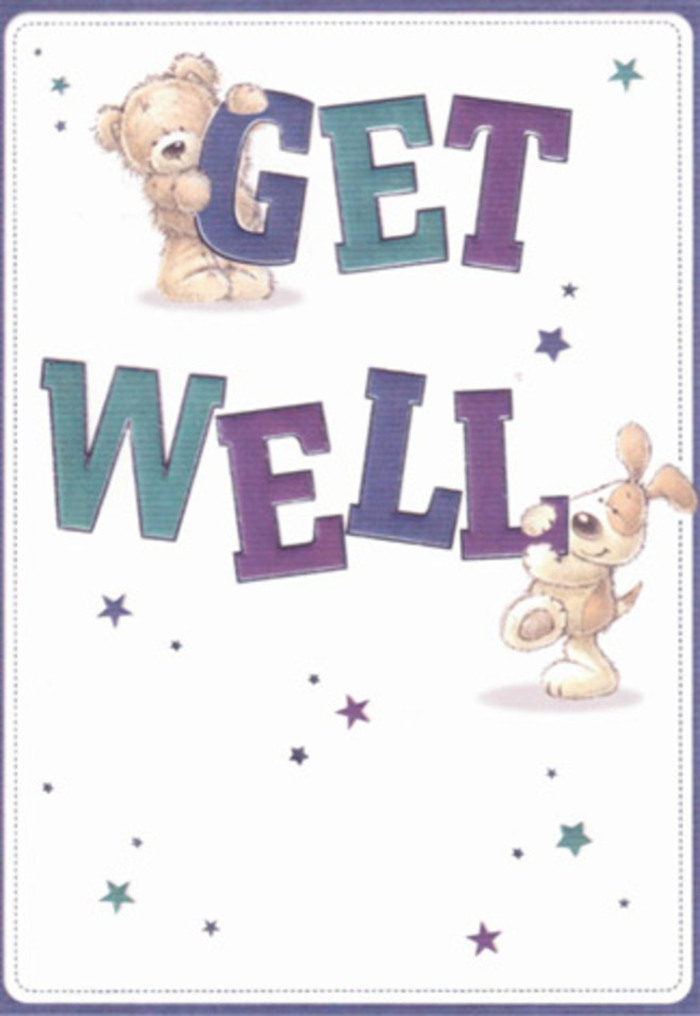 A scene of healing and hope unfolds in this joy-filled get well card-an image that perfectly parallels the nurturing atmosphere of Wennington's markets and gardens. A lovable bear with tawny, textured fur reclines atop the vivid purple 'GET,' its posture both playful and protective. Opposite, a floppy-eared pup, eyes bright with devotion, cradles the gentle teal 'WELL,' creating a tableau brimming with warmth. Around this central pair, a constellation of indigo and violet stars floats across the card's pristine backdrop, suggesting little wishes sent out into the world for someone's recovery. There's a tangible sense of softness in both the illustrated animals and the bold, confident type, reminiscent of a hand-chosen bouquet-every element thoughtfully placed to inspire comfort. As a florist in Wennington, I see in this card the same intention I bring to my arrangements-delivering not only freshness but encouragement to neighbours along New Road and Rainham. The composition's serene palette and welcoming mood create a special kind of comfort, making it a fitting companion to a floral gift crafted for heartfelt get well messages by Wennington Florist.