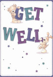 Bright and spirited, this illustrated get well card is alive with encouragement, much like the communal support felt along Wennington's lanes. Two endearing friends-a soft, golden bear and a floppy-eared pup-are intertwined with cheerful, oversized lettering spelling out 'Get Well.' The bear drapes its paw on the bold purple 'GET' above, while the puppy nestles against the inviting teal 'WELL' below, both animals glowing with affection and gentle humour. Starbursts in varying shades of blue, indigo, and violet scatter joyously across the crisp white card, conjuring the uplifting sense of a fresh bouquet's arrival at a front door near Wennington Green. Texture and colour mingle playfully, from the velvety brushstrokes of fur to the confident, lively script. The entire scene overflows with sincerity and optimism-a visual message easily matched by the caring touch of flowers sent from Wennington Florist to brighten even the most difficult days. Whether delivered to a friend at home or paired with blooms sent directly to a hospital, this card radiates comfort and kind-hearted well-wishes.